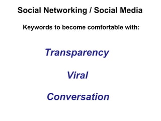 Social Networking / Social Media  Keywords to become comfortable with: Viral Transparency Conversation 