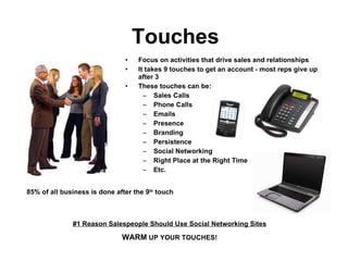 Focus on activities that drive sales and relationships It takes 9 touches to get an account - most reps give up after 3 These touches can be: Sales Calls Phone Calls Emails Presence Branding Persistence Social Networking Right Place at the Right Time Etc. Touches 85% of all business is done after the 9 th  touch #1 Reason Salespeople Should Use Social Networking Sites WARM  UP YOUR TOUCHES! 