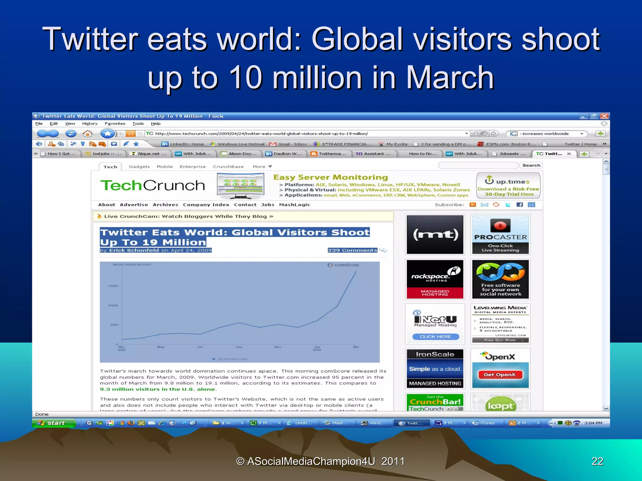 Twitter eats world: Global visitors shoot
        up to 10 million in March




              © ASocialMediaChampion4U 2011   22
 