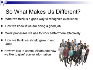 So What Makes Us Different? What we think is a good way to recognize excellence How we know if we are doing a good job Work processes we use to work better/more effectively How we think we should grow in our  Jobs How we like to communicate and how  we like to give/receive information 