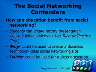 The Social Networking
         Contenders
How can education benefit from social
 networking?
• Students can create history presentation
  videos (Upload videos to You Tube or Teacher
  Tube)
• Ning- could be used to create a Business
  Technology class social networking site
• Twitter could be used for a class discussion

                  Image courtesy of Fun Spill
 