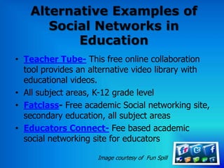 Alternative Examples of
      Social Networks in
          Education
• Teacher Tube- This free online collaboration
  tool provides an alternative video library with
  educational videos.
• All subject areas, K-12 grade level
• Fatclass- Free academic Social networking site,
  secondary education, all subject areas
• Educators Connect- Fee based academic
  social networking site for educators

                    Image courtesy of Fun Spill
 