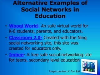 Alternative Examples of
      Social Networks in
          Education
• Woogi World- An safe virtual world for
  K-6 students, parents, and educators.
• Classroom 2.0- Created with the Ning
  social networking site, this site was
  created for educators only.
• Imbee- A free safe social networking site
  for teens, secondary level education

                     Image courtesy of Fun Spill
 