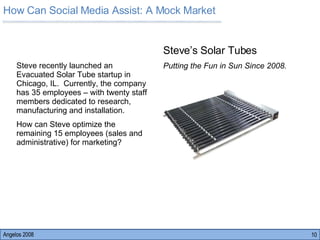 Angelos 2008 Steve’s Solar Tubes Putting the Fun in Sun Since 2008. Steve recently launched an Evacuated Solar Tube startup in Chicago, IL.  Currently, the company has 35 employees – with twenty staff members dedicated to research, manufacturing and installation.  How can Steve optimize the remaining 15 employees (sales and administrative) for marketing?  How Can Social Media Assist: A Mock Market 