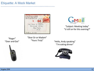 Etiquette: A Mock Market Angelos 2008 “ Subject: Meeting today” “ U still on for this evening?” “ Dear Sir or Madam” “ Yours Truly” “ Roger” “ Over and Out” “ Hello, Andy speaking” “ I’m eating dinner” 