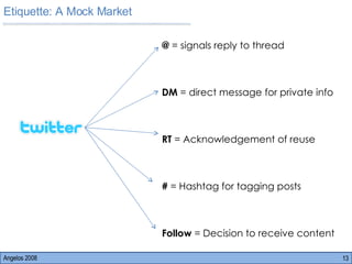 Angelos 2008 @  = signals reply to thread  DM  = direct message for private info RT  = Acknowledgement of reuse #  = Hashtag for tagging posts Follow  = Decision to receive content  Etiquette: A Mock Market 