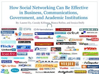 How Social Networking Can Be Effective in Business, Communications, Government, and Academic Institutions By: Lauren Ely, Cassidy Killinger, Bianca Rufino, and Jessica Duffy 