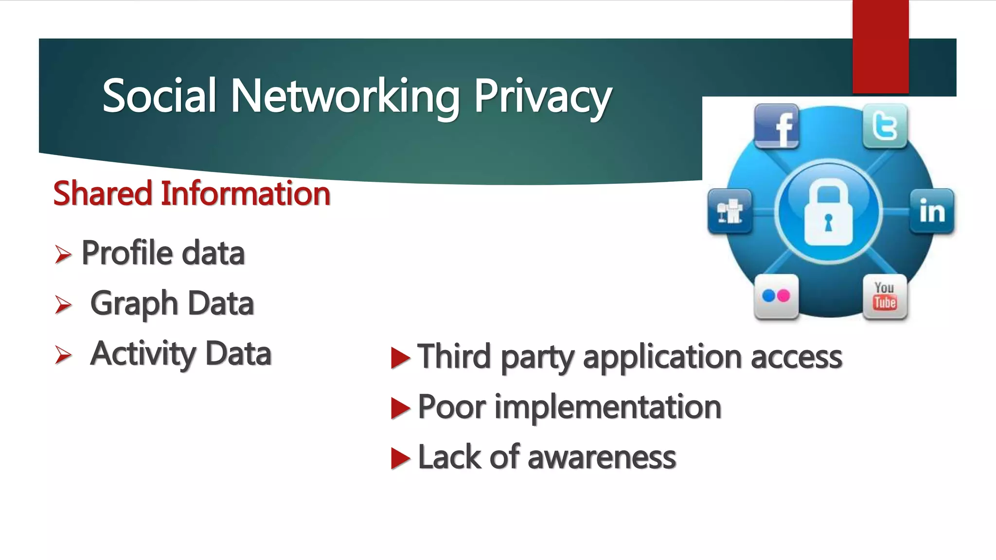Social Networking Privacy
Shared Information
 Profile data
 Graph Data
 Activity Data  Third party application access
 Poor implementation
 Lack of awareness
 