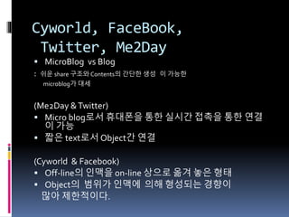 Cyworld, FaceBook,
Twitter, Me2Day
 MicroBlog vs Blog
: 쉬운 share 구조와 Contents의 간단한 생성 이 가능한
microblog가 대세
(Me2Day &Twitter)
 Micro blog로서 휴대폰을 통한 실시간 접촉을 통한 연결
이 가능
 짧은 text로서 Object간 연결
(Cyworld & Facebook)
 Off-line의 인맥을 on-line 상으로 옮겨 놓은 형태
 Object의 범위가 인맥에 의해 형성되는 경향이
많아 제한적이다.
 