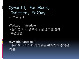 Cyworld, FaceBook,
Twitter, Me2Day
 수익 구조
(Twitter, me2day)
- 온라인 배너 광고나 구글 광고를 통해
수입창출
(Cyworld, Facebook)
- 음악이나 이미지 아이템을 판매하여 수입을
창출
 