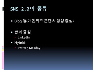 SNS 2.0의 종류Blog 형(개인위주 콘텐츠 생성 중심)관계 중심LinkedInHybridTwitter, Me2day