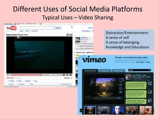 Different Uses of Social Media Platforms
Typical Uses – Video Sharing
Distraction/Entertainment
A sense of self
A sense of belonging
Knowledge and Educations
 