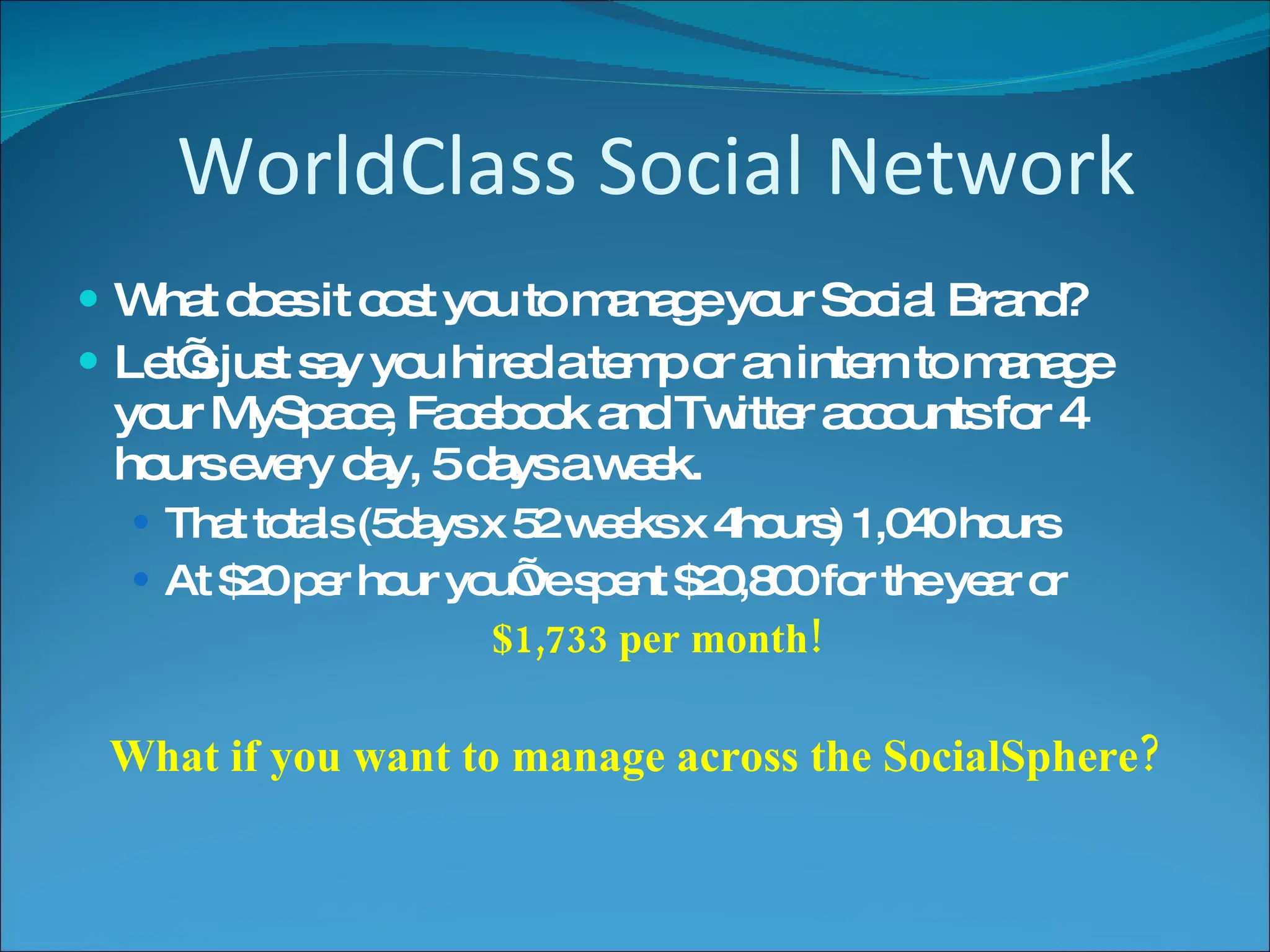 What does it cost you to manage your Social Brand? Let’s just say you hired a temp or an intern to manage your MySpace, Facebook and Twitter accounts for 4 hours every day, 5 days a week. That totals (5days x 52 weeks x 4hours) 1,040 hours At $20 per hour you’ve spent $20,800 for the year or  $1,733 per month!  What if you want to manage across the SocialSphere? WorldClass Social Network 