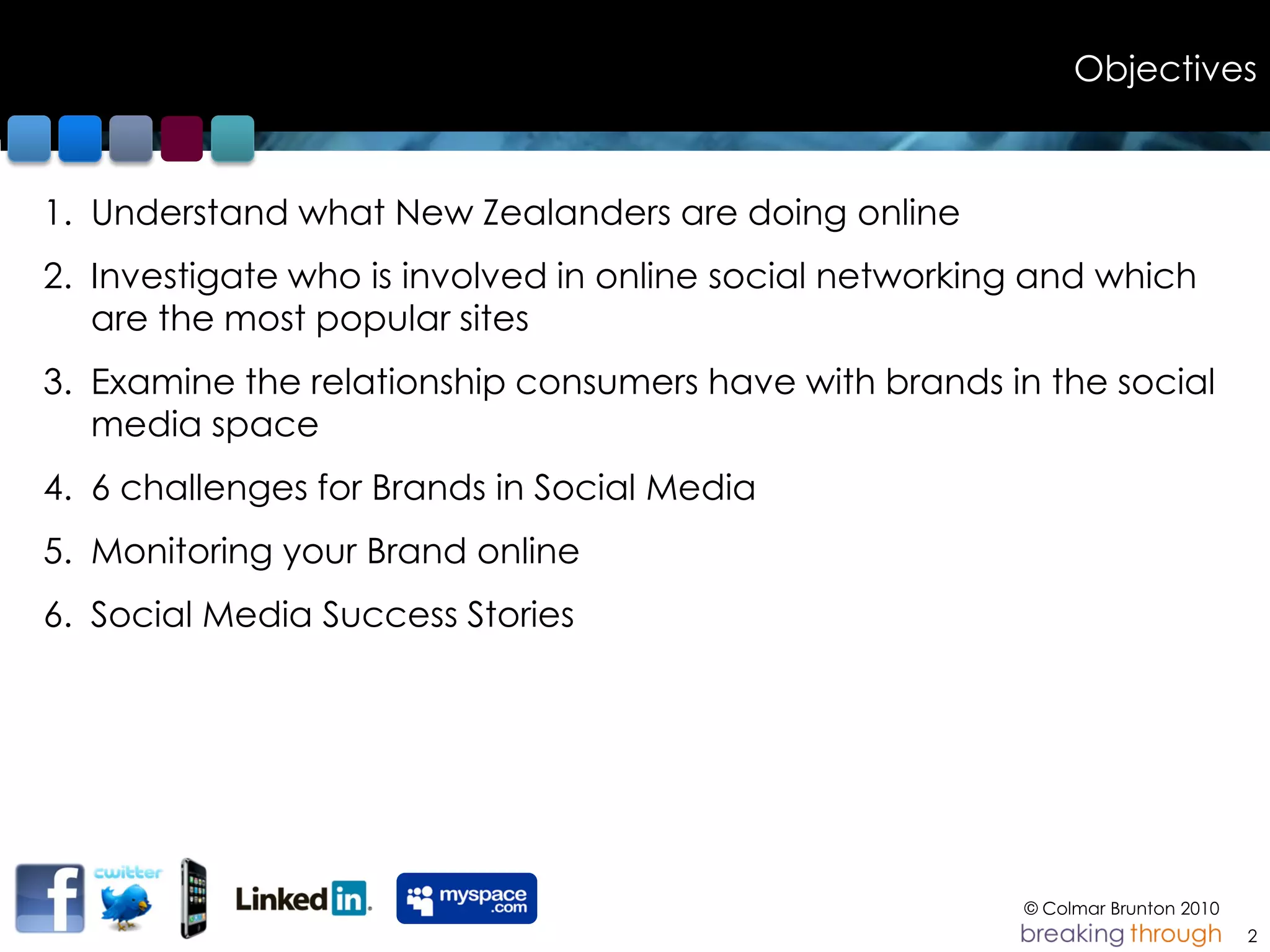 Objectives



1. Understand what New Zealanders are doing online
2. Investigate who is involved in online social networking and which
   are the most popular sites
3. Examine the relationship consumers have with brands in the social
   media space
4. 6 challenges for Brands in Social Media
5. Monitoring your Brand online
6. Social Media Success Stories




                                                         © Colmar Brunton 2010
                                                                                 2
 