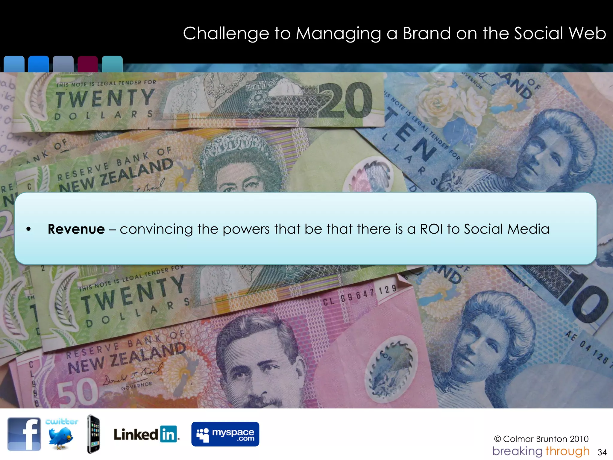 Challenge to Managing a Brand on the Social Web




•   Revenue – convincing the powers that be that there is a ROI to Social Media




                                                                      © Colmar Brunton 2010
                                                                                              34
 