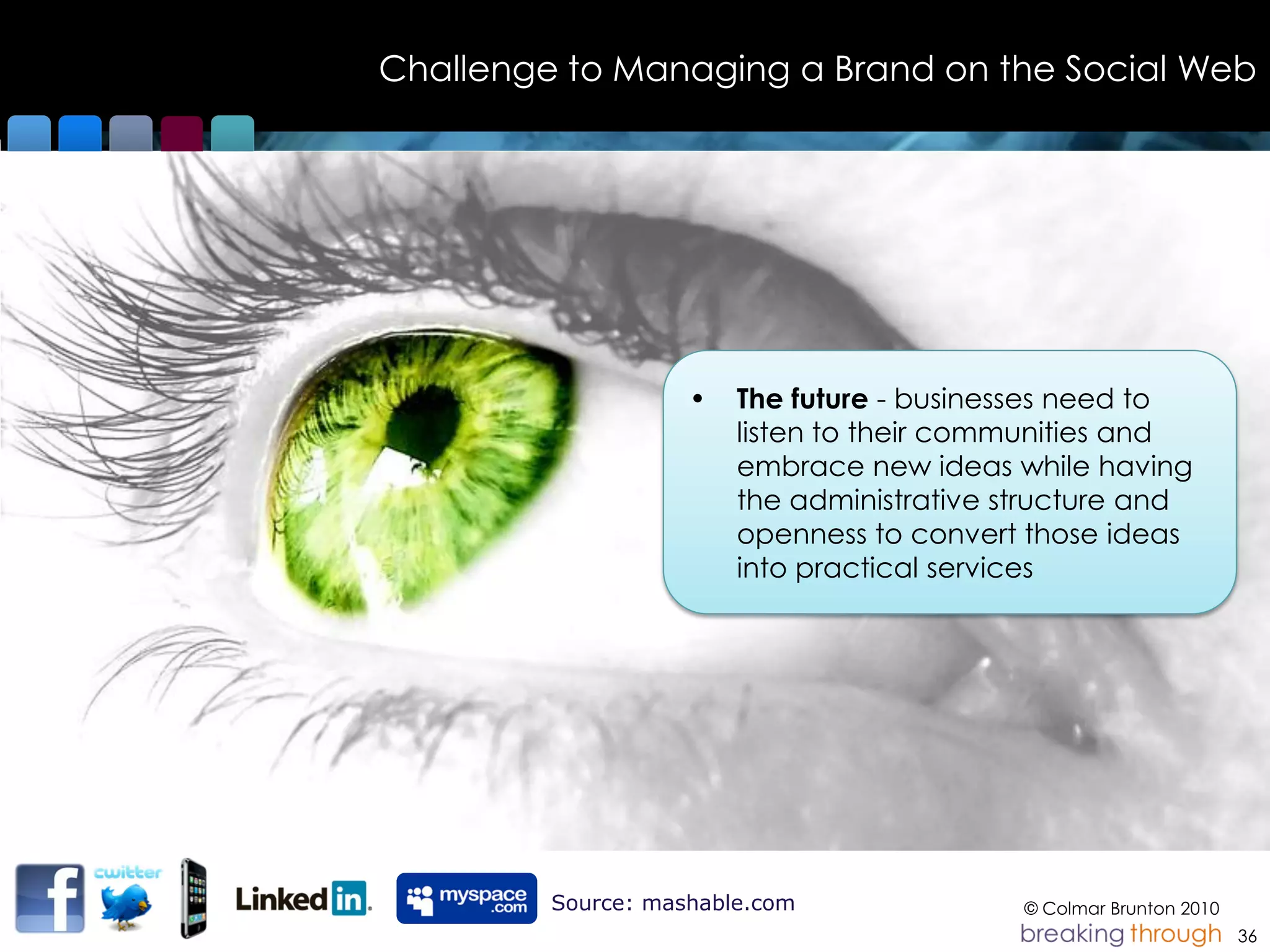 Challenge to Managing a Brand on the Social Web




                    •   The future - businesses need to
                        listen to their communities and
                        embrace new ideas while having
                        the administrative structure and
                        openness to convert those ideas
                        into practical services




         Source: mashable.com               © Colmar Brunton 2010
                                                                    36
 