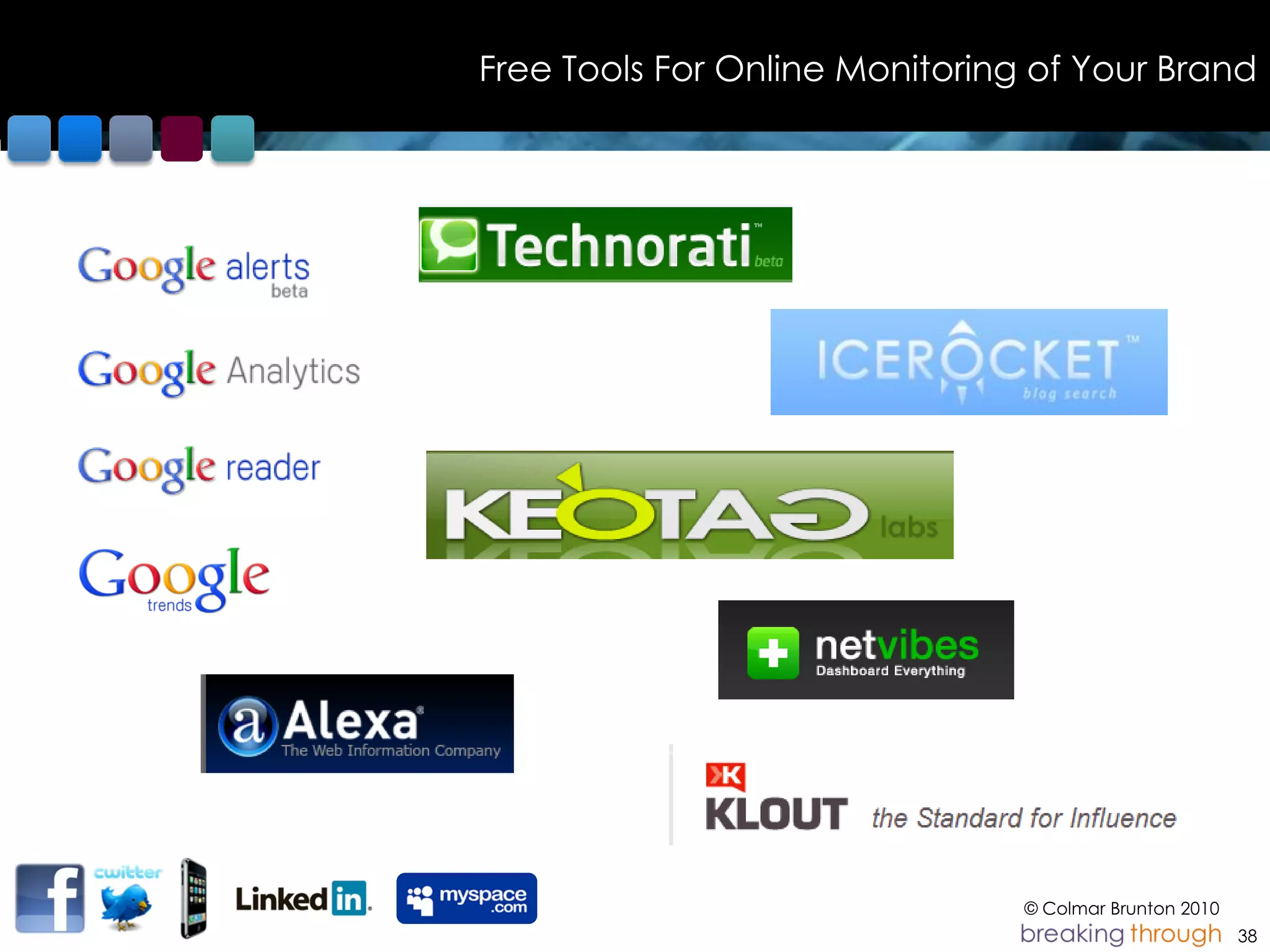 Free Tools For Online Monitoring of Your Brand




                                © Colmar Brunton 2010
                                                        38
 