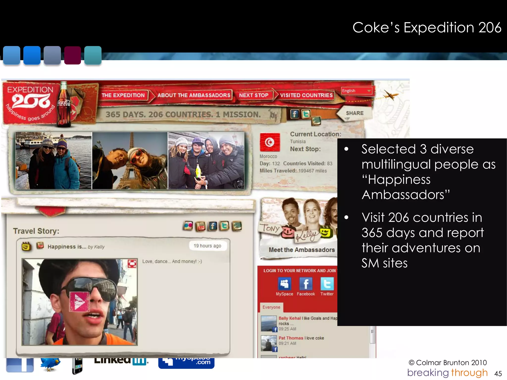 Coke‟s Expedition 206




• Selected 3 diverse
  multilingual people as
  “Happiness
  Ambassadors”
• Visit 206 countries in
  365 days and report
  their adventures on
  SM sites




           © Colmar Brunton 2010
                                   45
 