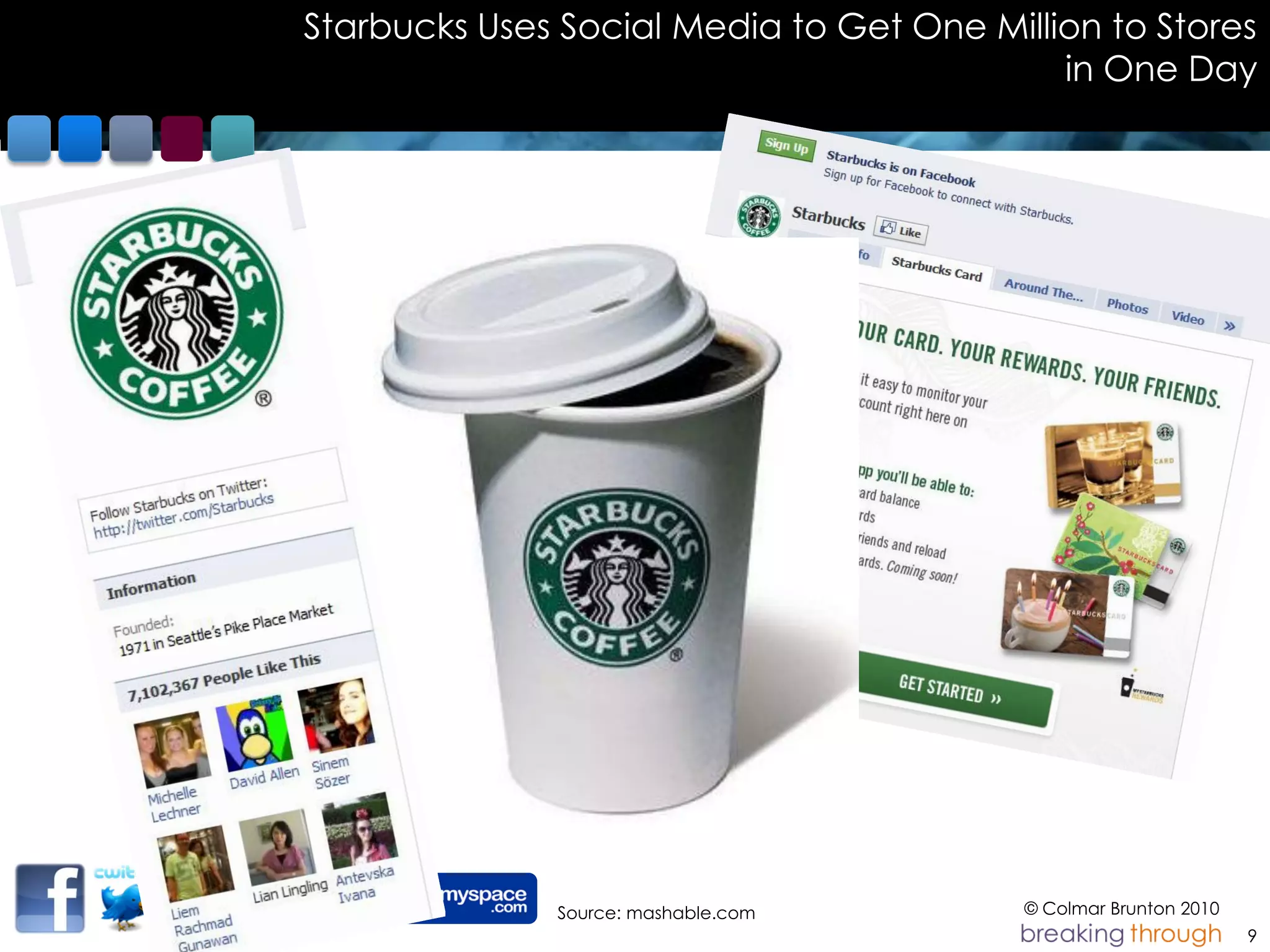 Starbucks Uses Social Media to Get One Million to Stores
                                            in One Day




              Source: mashable.com        © Colmar Brunton 2010
                                                                  9
 