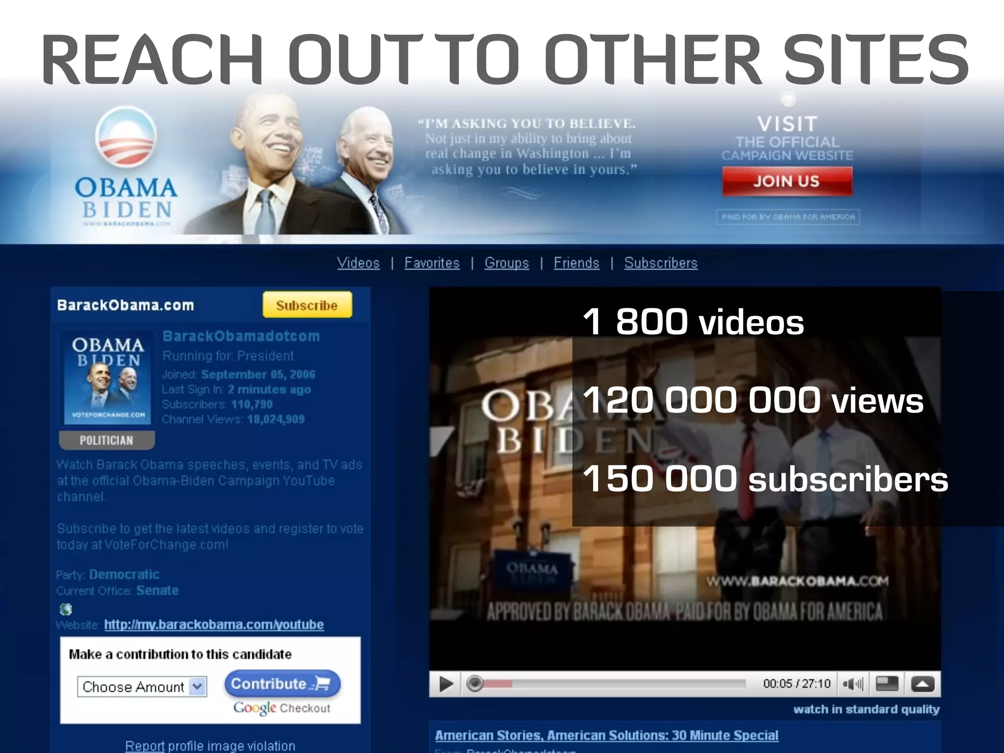 Obama YouTube Channel
REACH OUT TO OTHER SITES


                        1 800 videos
                        120 000 000 views

                        150 000 subscribers
 