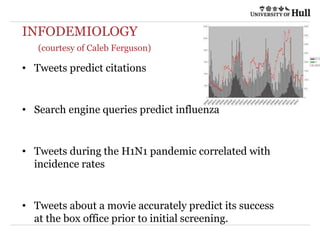 INFODEMIOLOGY
(courtesy of Caleb Ferguson)
• Tweets predict citations
• Search engine queries predict influenza
• Tweets during the H1N1 pandemic correlated with
incidence rates
• Tweets about a movie accurately predict its success
at the box office prior to initial screening.
 