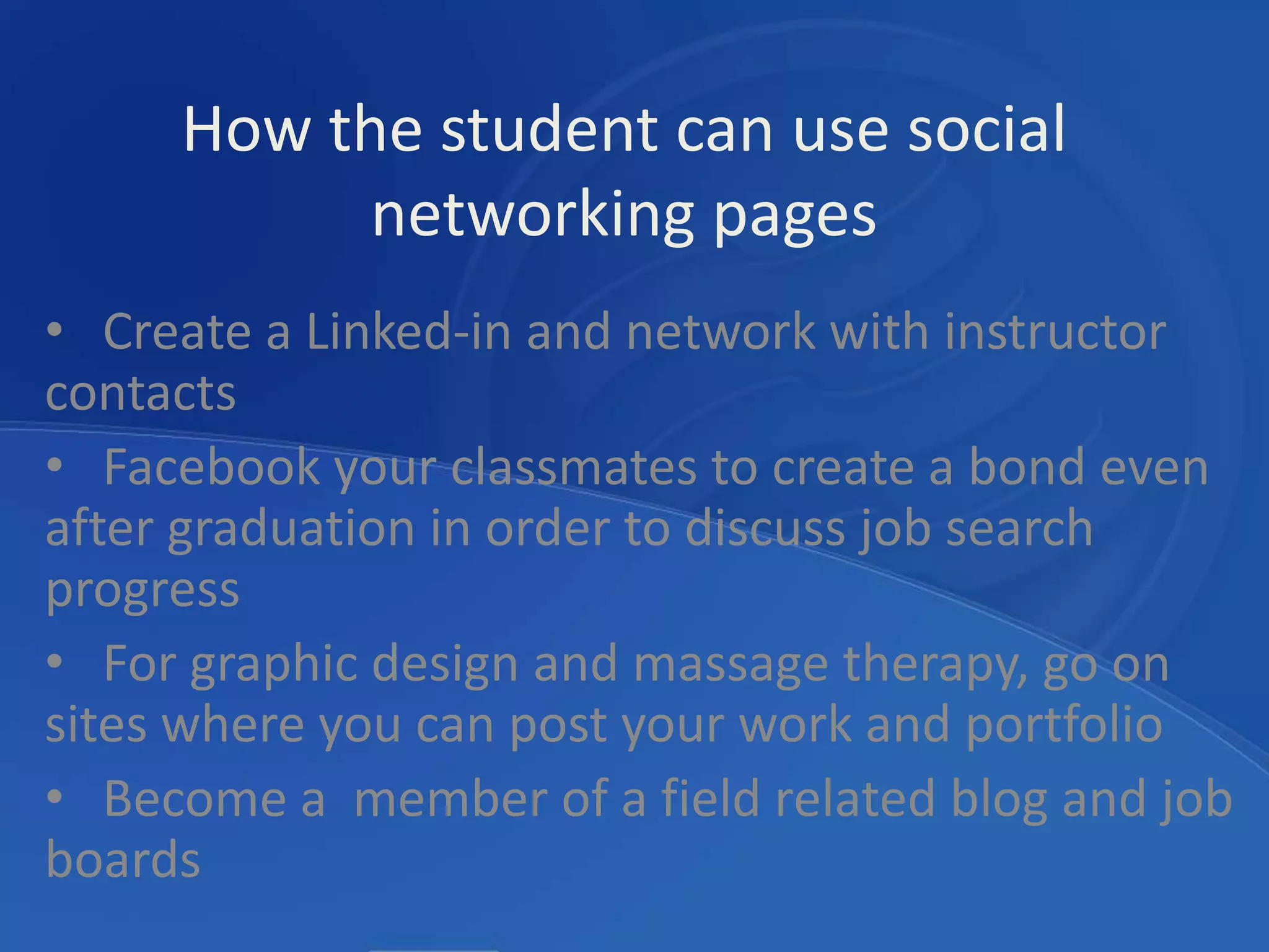 Users can save jobs which they would like to apply (like bookmark).Social Media Tools and ServicesSome of the most widely used social media tools and services include: WikipediaBlogging Tools and ServicesSharepoint