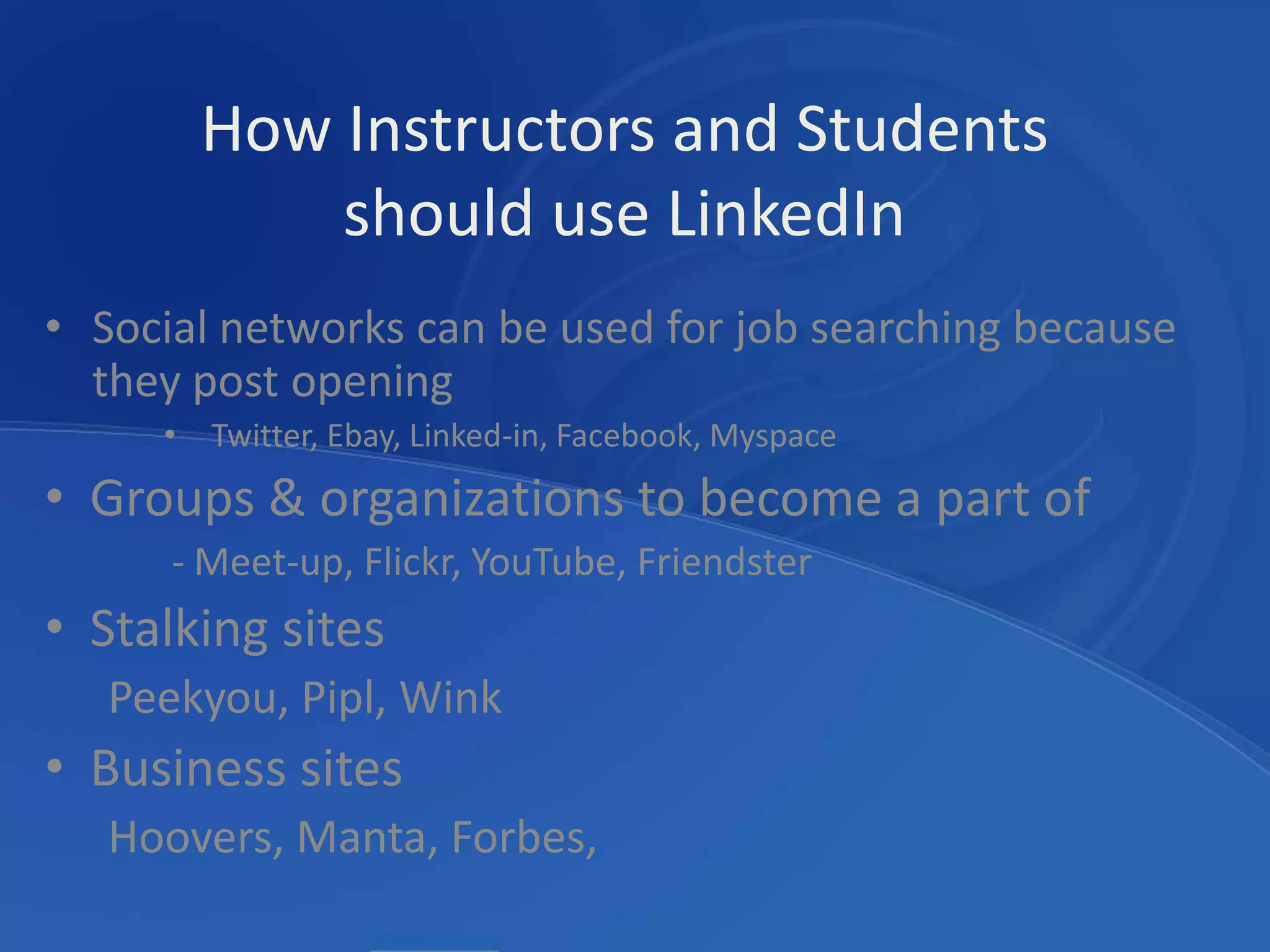 Blogging Blogging has quickly become one of the most popular methods for professionals, pundits, subject matter experts and enthusiasts to create content for sharing and collaboration on the web. Some of the most popular sites/tools include:WordpressBlogspotTumblr