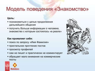 Модель поведения «Знакомство»
Цель:
 познакомиться с целью продолжения
дальнейшего общения
 получить больше информации о человеке,
знакомство с которым состоялось «в реале»
Как проявляет себя:
 поиск по запросу «Имя Фамилия»
 пристальное прочтение постов
 просмотр профилей
 сам не пишет и практически не комментирует
 обращает мало внимания на коммерческие
посты
 