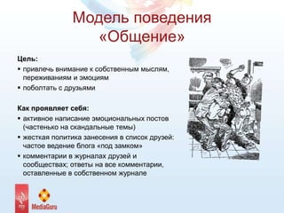 Модель поведения
«Общение»
Цель:
 привлечь внимание к собственным мыслям,
переживаниям и эмоциям
 поболтать с друзьями
Как проявляет себя:
 активное написание эмоциональных постов
(частенько на скандальные темы)
 жесткая политика занесения в список друзей:
частое ведение блога «под замком»
 комментарии в журналах друзей и
сообществах; ответы на все комментарии,
оставленные в собственном журнале
 