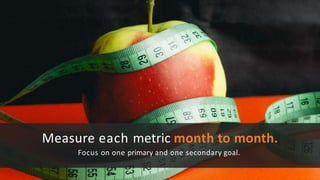 Measure each metric month to month.
Focus on one primary and one secondary goal.
 