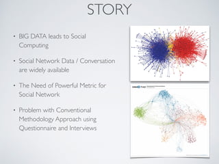 STORY
• BIG DATA leads to Social
Computing
• Social Network Data / Conversation
are widely available
• The Need of Powerful Metric for
Social Network
• Problem with Conventional
Methodology Approach using
Questionnaire and Interviews
 