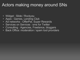 Actors making money around SNs Widget : Slide / Rockyou Apps : Games, Lending Club Ad networks : OfferPal, Super Rewards Services on Services : sms for Twitter  Consulting : Agencies, Freelance, bloggers Back Office: moderation / spam tool providers 