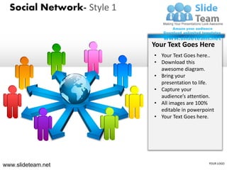 Social Network- Style 1


                            Your Text Goes Here
                            • Your Text Goes here..
                            • Download this
                              awesome diagram.
                            • Bring your
                              presentation to life.
                            • Capture your
                              audience’s attention.
                            • All images are 100%
                              editable in powerpoint
                            • Your Text Goes here.




www.slideteam.net                                YOUR LOGO
 