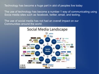 Technology has become a huge part in alot of peoples live today
The use of technology has become a number 1 way of communicating using
Socia media sites such as facebook, twitter, email, and texting.
The use of social media has not had an overall impact on our
Communities around the world.

 