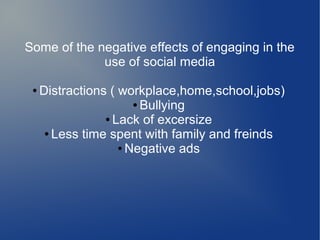Some of the negative effects of engaging in the
use of social media
●

Distractions ( workplace,home,school,jobs)
● Bullying
● Lack of excersize
● Less time spent with family and freinds
● Negative ads

 