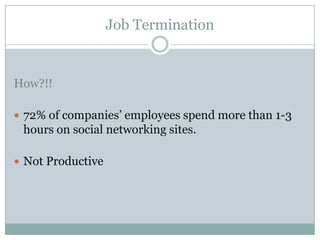 Job Termination


How?!!

 72% of companies’ employees spend more than 1-3
 hours on social networking sites.

 Not Productive
 