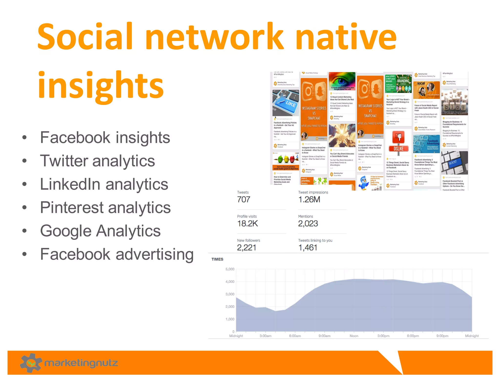 • Facebook  insights
• Twitter  analytics  
• LinkedIn  analytics  
• Pinterest  analytics
• Google  Analytics  
• Facebook  advertising  
Social	
  network	
  native	
  
insights	
  
 