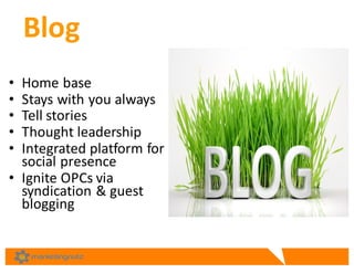 Blog	
  
• Home	
  base	
  
• Stays	
  with	
  you	
  always	
  
• Tell	
  stories
• Thought	
  leadership	
  
• Integrate...
