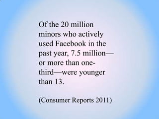 Of the 20 million
minors who actively
used Facebook in the
past year, 7.5 million—
or more than one-
third—were younger
than 13.

(Consumer Reports 2011)
 