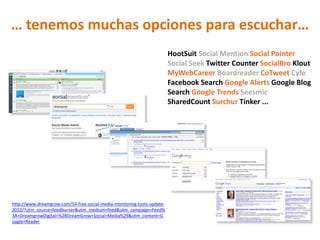… tenemos muchas opciones para escuchar…
                                                                         HootSuit Social Mention Social Pointer
                                                                         Social Seek Twitter Counter SocialBro Klout
                                                                         MyWebCareer Boardreader CoTweet Cyfe
                                                                         Facebook Search Google Alerts Google Blog
                                                                         Search Google Trends Seesmic
                                                                         SharedCount Surchur Tinker ...




http://www.dreamgrow.com/54-free-social-media-monitoring-tools-update-
2012/?utm_source=feedburner&utm_medium=feed&utm_campaign=Feed%
3A+DreamgrowDigital+%28DreamGrow+Social+Media%29&utm_content=G
oogle+Reader
 
