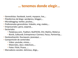 … tenemos donde elegir…

• Generalistas: facebook, tuenti, myspace, live,…
• Plataformas de blogs: wordpress, blogger,…
• Microblogging: twitter, picoteo,…
• Profesionales generalistas: linkedin, xing, viadeo,…
• Empresariales: grera, wopred,…
• Sectoriales
     • Patabrava.com, Traditori, RedTICOS, Chil, MyOra, Moterus
     • Biznik, Cofoundr, Entrepreneur Connect, Focus, PartnerUp,…
• Geolocalización: foursquare, josocaqui, …
• Compartición de contenidos
     • Video: youtube, vimeo,...
     • Materiales, docs: slideshare,...
     • Fotos: Flickr, Picasa, ...
• Marcadores sociales: delicious, diigo,..
 