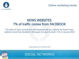 NEWS WEBSITES:
7% of traffic comes from FACEBOOK
The share of visits coming from the Facebook site as a referrer for French news
websites more than doubled in the space of a year to reach 7.1% in January 2014
1
Online marketing trends
Study published on 13th March 2014
 