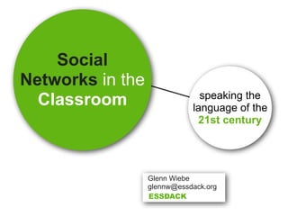 Social
Networks in the
Classroom speaking the
language of the
21st century
Glenn Wiebe
glennw@essdack.org
ESSDACK
 