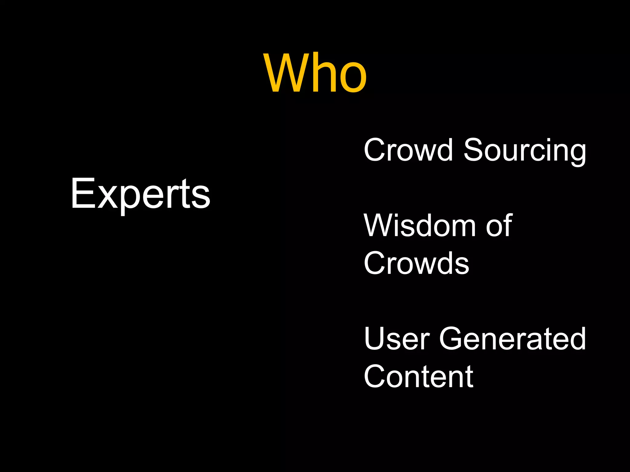 Who Crowd Sourcing Wisdom of Crowds User Generated Content Experts 