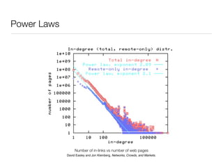 Power Laws




                  Number of in-links vs number of web pages
             David Easley and Jon Kleinberg, Networks, Crowds, and Markets.
 