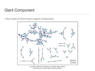 Giant Component

• But most of them have a giant component.




                     A social network of dating in a public high school.
                         David Easley and Jon Kleinberg, Networks, Crowds, and Markets.
 