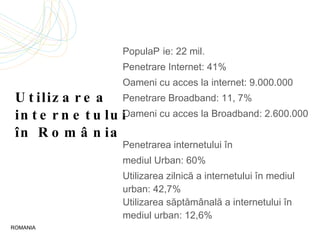 Utilizarea  internetului în România  Popula ție: 22  mil. Penetrare Internet: 41% Oameni cu acces la internet: 9.000.000 Penetrare  Broa dband: 11, 7% Oameni cu acces la Broadband: 2.600.000 Penetrarea internetului în mediul Urban: 60% Utilizarea zilnică a internetului în mediul urban: 42,7% Utilizarea săptămânală a internetului în mediul urban:  12,6%  ROMANIA 