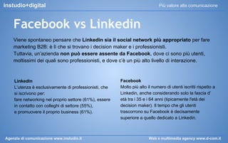 instudio+digital

Più valore alla comunicazione

Facebook vs Linkedin
Viene spontaneo pensare che Linkedin sia il social network più appropriato per fare
marketing B2B: è lì che si trovano i decision maker e i professionisti.
Tuttavia, un’azienda non può essere assente da Facebook, dove ci sono più utenti,
moltissimi dei quali sono professionisti, e dove c’è un più alto livello di interazione.

Linkedin
L’utenza è esclusivamente di professionisti, che
si iscrivono per:
fare networking nel proprio settore (61%), essere
in contatto con colleghi di settore (55%),
e promuovere il proprio business (61%).

Agenzia di comunicazione www.instudio.it

Facebook
Molto più alto il numero di utenti iscritti rispetto a
Linkedin, anche considerando solo la fascia d’
età tra i 35 e i 64 anni (tipicamente l'età dei
decision maker). Il tempo che gli utenti
trascorrono su Facebook è decisamente
superiore a quello dedicato a Linkedin.

Web e multimedia agency www.d-com.it

 