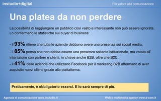 instudio+digital

Più valore alla comunicazione

Una platea da non perdere
La possibilità di raggiungere un pubblico così vasto e interessante non può essere ignorata.
Lo confermano le statistiche sui buyer di business:
- il 93% ritiene che tutte le aziende debbano avere una presenza sui social media.
- l‘ 85% pensa che non debba essere una presenza soltanto istituzionale, ma votata all’
interazione con partner e clienti, in chiave anche B2B, oltre che B2C.
- il 41% delle aziende che utilizzano Facebook per il marketing B2B affermano di aver
acquisito nuovi clienti grazie alla piattaforma.

Praticamente, è obbligatorio esserci. E lo sarà sempre di più.
Agenzia di comunicazione www.instudio.it

Web e multimedia agency www.d-com.it

 