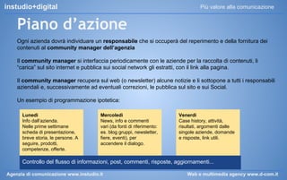 instudio+digital

Più valore alla comunicazione

Piano d’azione
Ogni azienda dovrà individuare un responsabile che si occuperà del reperimento e della fornitura dei
contenuti al community manager dell’agenzia
Il community manager si interfaccia periodicamente con le aziende per la raccolta di contenuti, li
“carica” sul sito internet e pubblica sui social network gli estratti, con il link alla pagina.
Il community manager recupera sul web (o newsletter) alcune notizie e li sottopone a tutti i responsabili
aziendali e, successivamente ad eventuali correzioni, le pubblica sul sito e sui Social.
Un esempio di programmazione ipotetica:
Lunedì
Info dall’azienda.
Nelle prime settimane
scheda di presentazione,
breve storia, le persone. A
seguire, prodotti,
competenze, offerte.

Mercoledì
News, info e commenti
vari (da fonti di riferimento:
es. blog gruppi, newsletter,
fiere, eventi), per
accendere il dialogo.

Venerdì
Case history, attività,
risultati, argomenti dalle
singole aziende, domande
e risposte, link utili.

Controllo del flusso di informazioni, post, commenti, risposte, aggiornamenti...
Agenzia di comunicazione www.instudio.it

Web e multimedia agency www.d-com.it

 